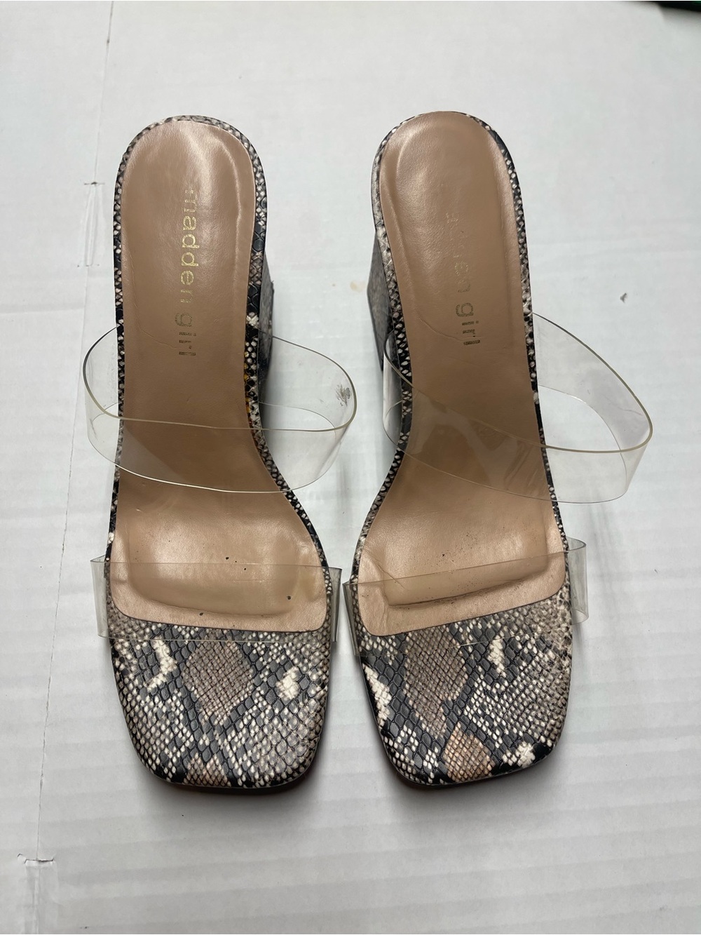 Madden Girl Clear Strap Snakeskin-Print Slide Sandals - Beige & Gray